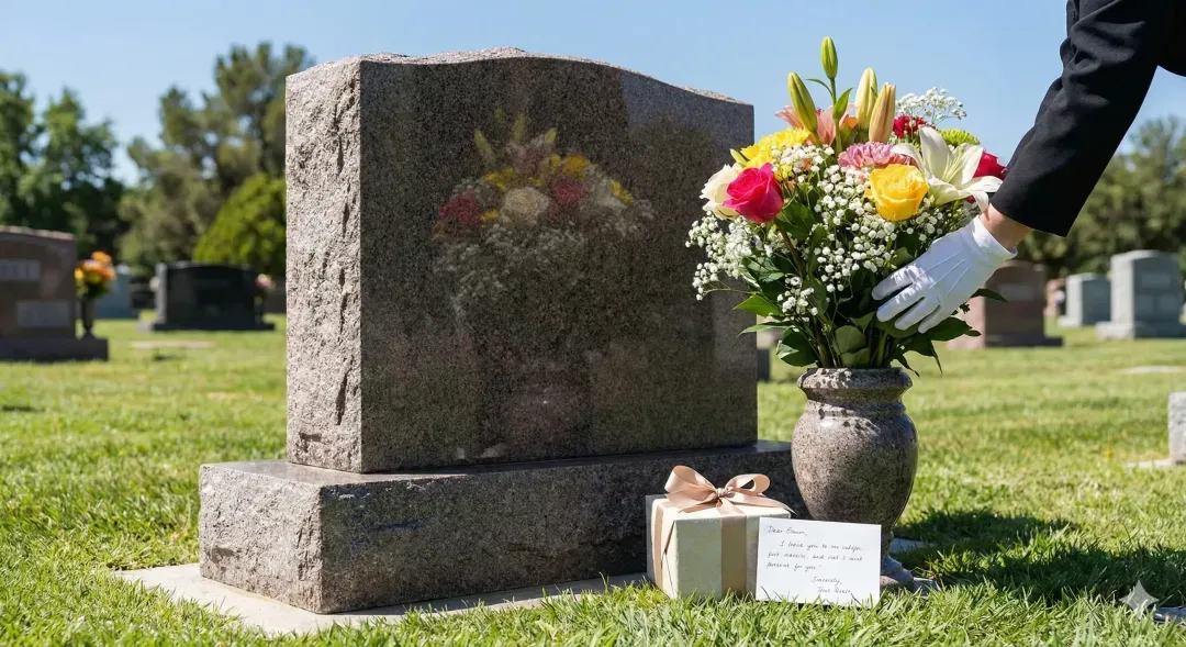Fresh flowers placed at a granite headstone